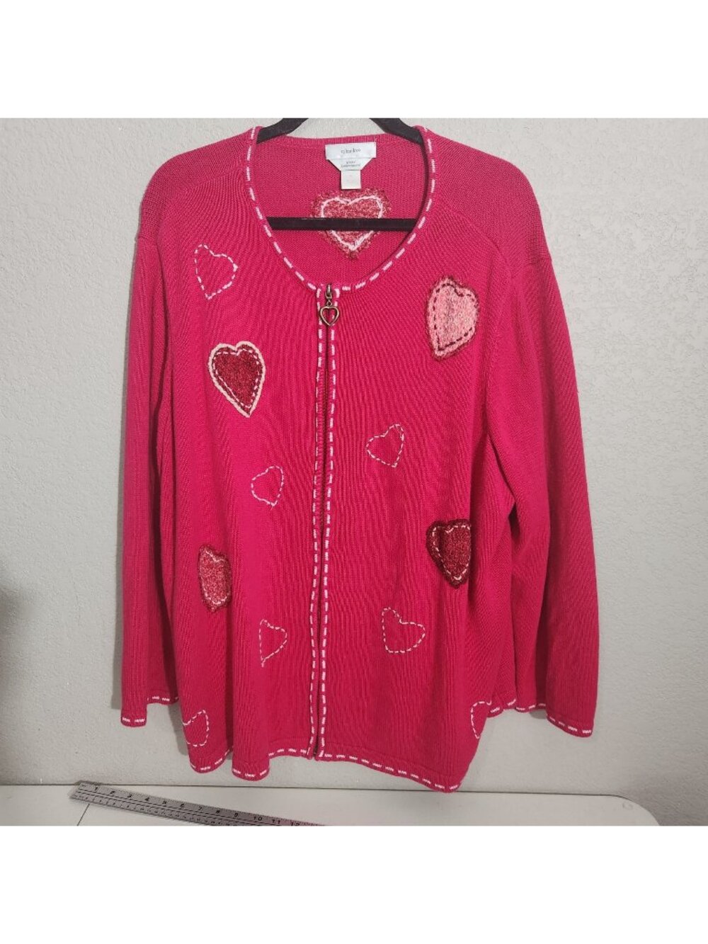 CJ Banks Zip Cardigan Sweater 3X Pink Hand Embroidered Hearts
